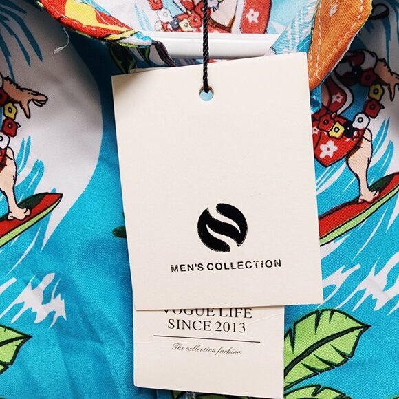 Mens Hawaiian Shirt Santa Reindeer  Short Sleeve Blue Tropical Design Size L - Picture 5 of 8